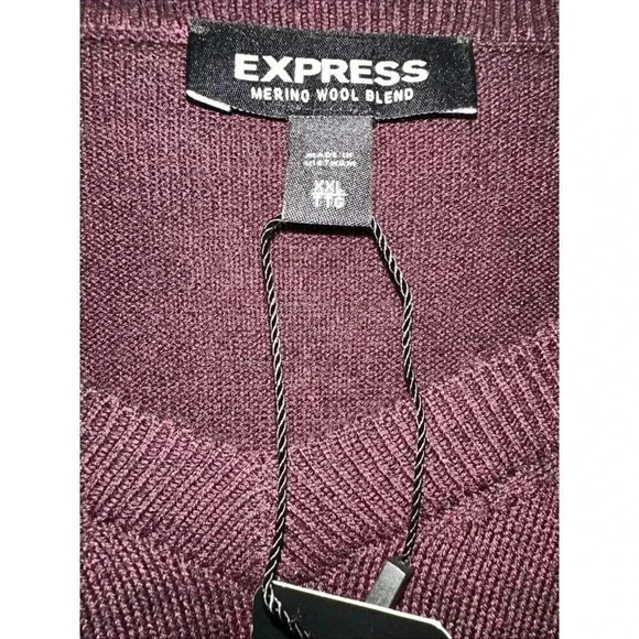 NEW Express Mens Sz XXL Merino Wool Blend V Neck Sweater Maroon Burgundy Classic - Picture 4 of 11